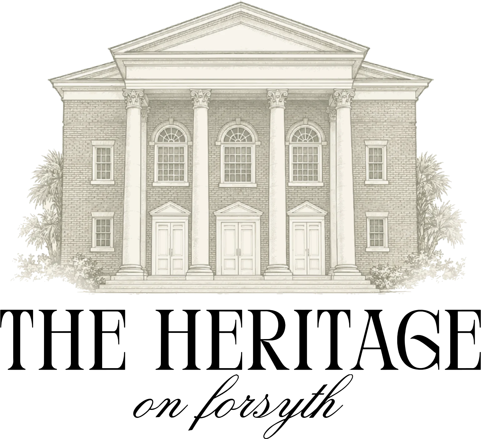 The Heritage on Forsyth: an engraving of a columned brick building above the name